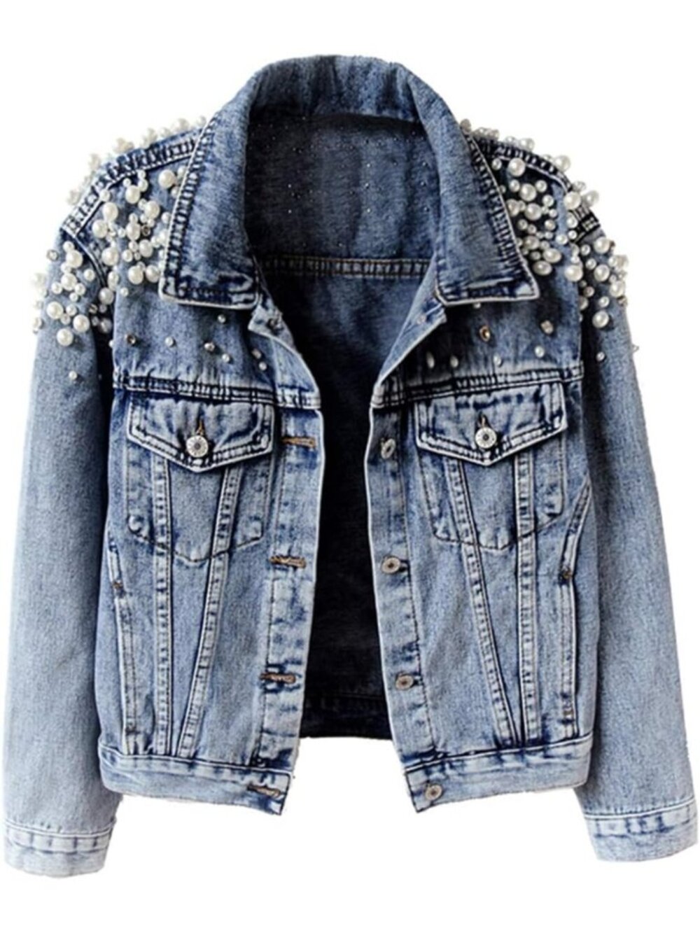 Embroidered Pearl Rivet Women's Short Denim Jacket - Stylish Jean Coat